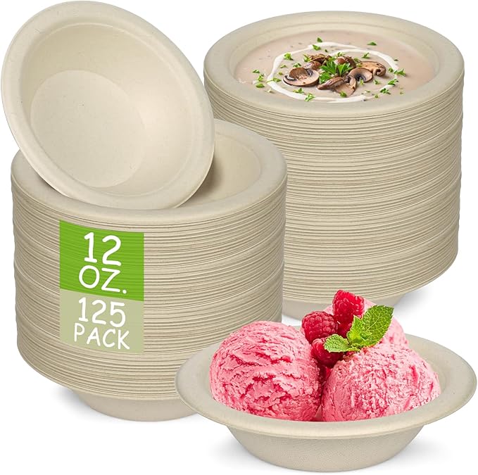 Paper Bowls, 100% Compostable Disposable Soup/Salad Bowls 12 Oz 125 Pack, PFAS-Free BPI Certified Eco-Friendly Hot/Cold Food Bowls, Natural Brown