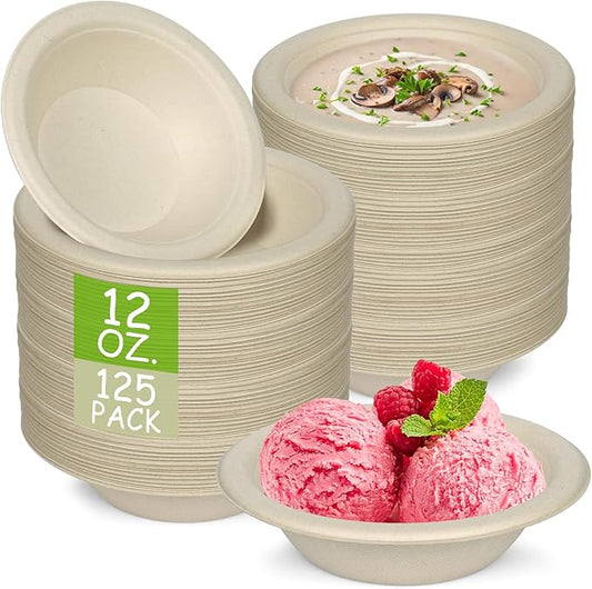 Paper Bowls, 100% Compostable Disposable Soup/Salad Bowls 12 Oz 125 Pack, PFAS-Free BPI Certified Eco-Friendly Hot/Cold Food Bowls, Natural Brown