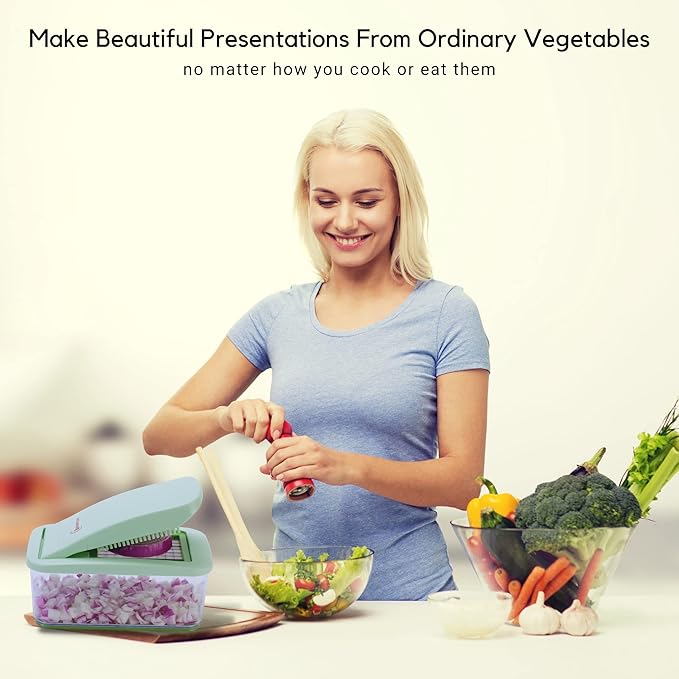 Brieftons QuickPush Food Chopper: Vegetable Dicer Slicer, Onion Cutter, 3 Extra-Large Blades with 200% More Cutting Area to Chop Dice Slice Vegetables, 2.6-Quart Container