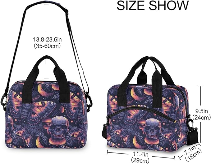 MNSRUU Insulated Lunch Bag Gothic Skull Butterfly Women Men Fabric Dinner Tote Cooler Bag Reusable Leakproof Lunch Box with Adjustable Shoulder Handles Strap For Work School