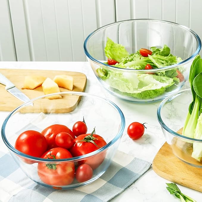 Glass Mixing Bowls with Lids Set of 3（4.5QT,2.7QT, 1.1QT, Large Kitchen Salad Bowls, Space-Saving Nesting Bowls, Round Glass Serving Bowls for Cooking,Baking,Prepping,Dishwasher Safe