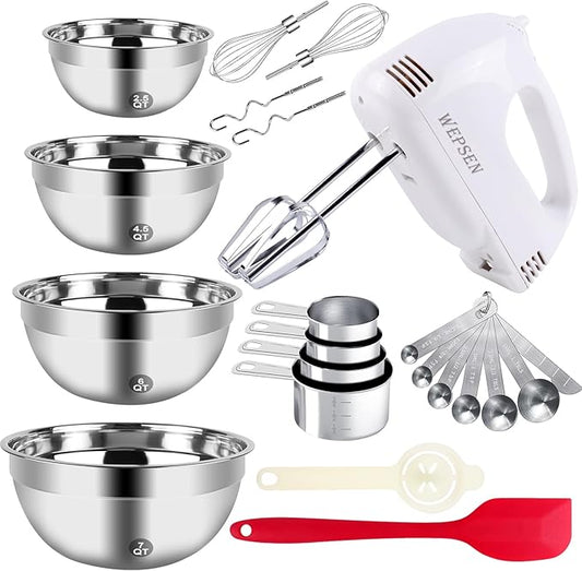 5-Speed Electric Hand Mixer, 4 Large Mixing Bowls Set, Handheld Mixers with Whisks Beater, Stainless Steel Metal Nesting Bowl Measuring Cups Spoons Kitchen Cake Blender for Baking Supplies