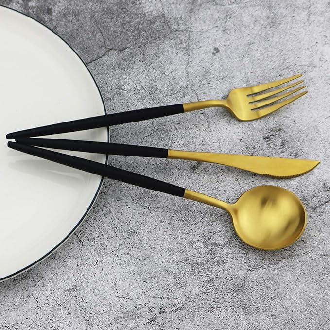 20-Piece 18/10 Stainless Steel Flatware Silverware, Luxury Dinnerware Set Travel Cutlery Tableware Include Knife Fork Spoon Service for 4, Dishwasher Safe (Black Handle Matte Gold)