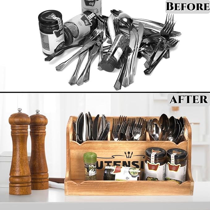 15" Kitchen Utensil Holder with Spice Bottles Tray, Extra Large Wood Countertop Utensil Organizer with Handles, 4 Compartment Cooking Tool Storage Caddy for Home Decor Gift