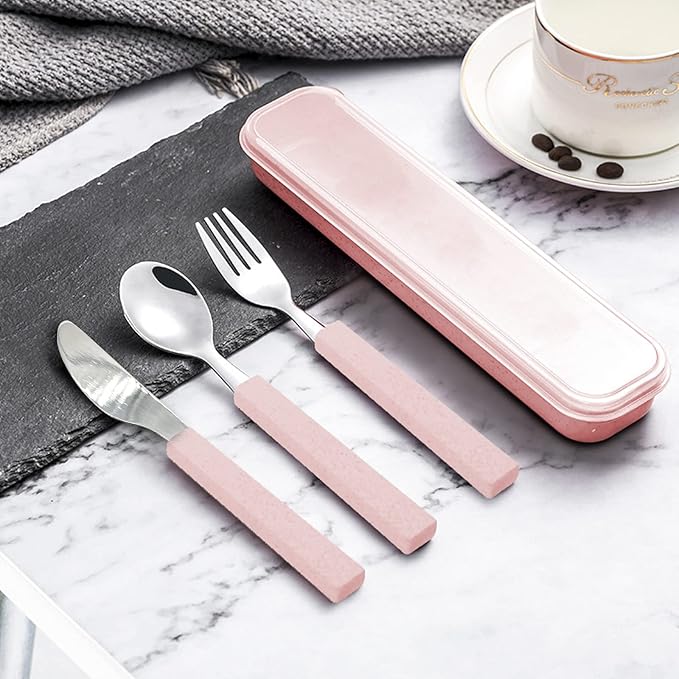 VANRA 3-Piece Children Utensils Set 18/10 Stainless Steel Child Flatware Set Silverware Knife Spoon Fork Set with Travel Case for Kids Lunch Box (Pink)