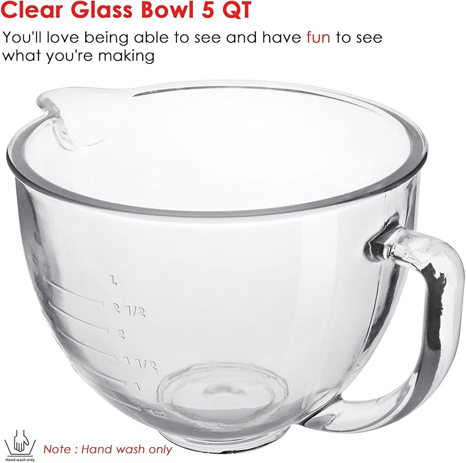 FIRJOY Glass Mixing Bowl 5 QT for KitchenAid 4.5 and 5 Quart Tilt-Head Stand Mixers