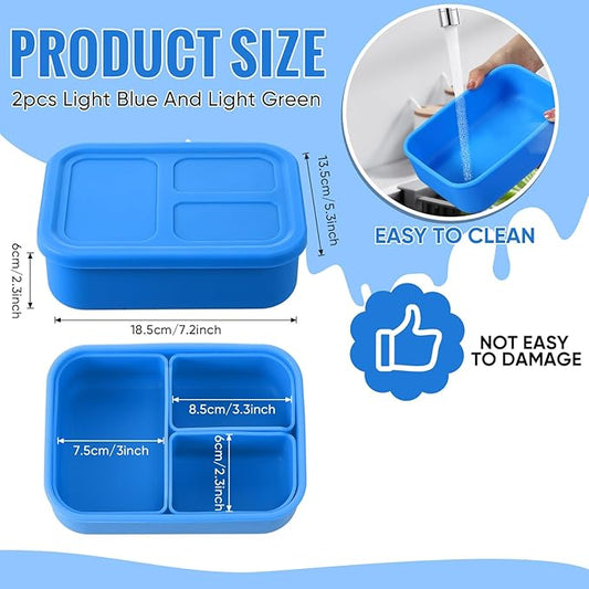 Baderke 2 Pcs Silicone Bento Box for Kids Lunch Box with 3 Compartments Leak proof lunch Container for Children Toddlers for Microwave, Freezer and Dishwasher(Light Blue, Light Green)