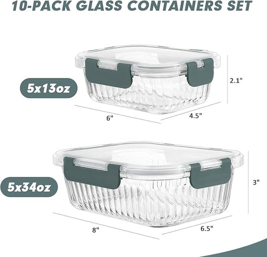 10 Packs Glass Meal Prep Containers with Lids, Glass Food Storage Containers Set, Airtight Lunch Containers, Microwave, Oven, Freezer and Dishwasher Safe, Gray