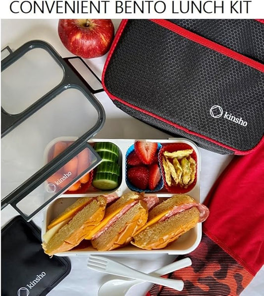 kinsho Bento Box with Insulated Lunch Bag and Ice Pack for Kids Container for Adults Snacks and Lunches. 3 Compartments, Leakproof Portion Boxes Japanese Style for School or Work, Grey - Black