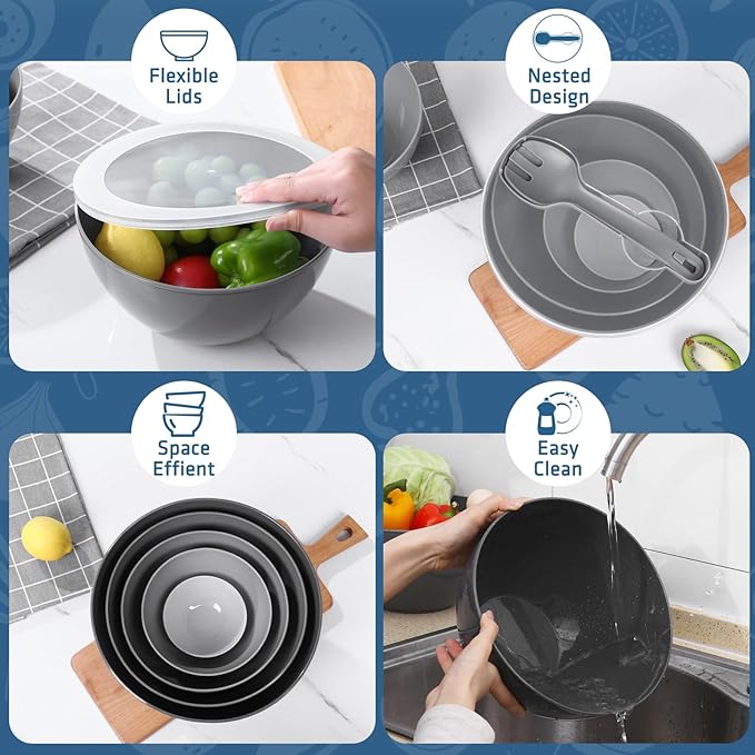 LUXEAR Mixing Bowls with Lids Set, 12 Pieces Plastic Nesting Bowls Includes 5 Prep Bowls, 5 Lids, 2 Cooking Spoons(Can Convert into Tongs), Microwave Dishwasher Safe for Mixing Serving Baking Storing