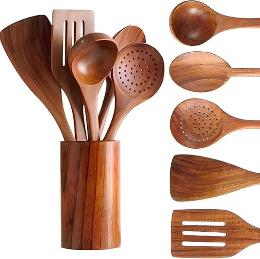 6 Piece Wooden Cooking Spoons – Wooden Cooking Utensils Set with Wood Barrel, Teak Non-Stick Kitchen Cookware