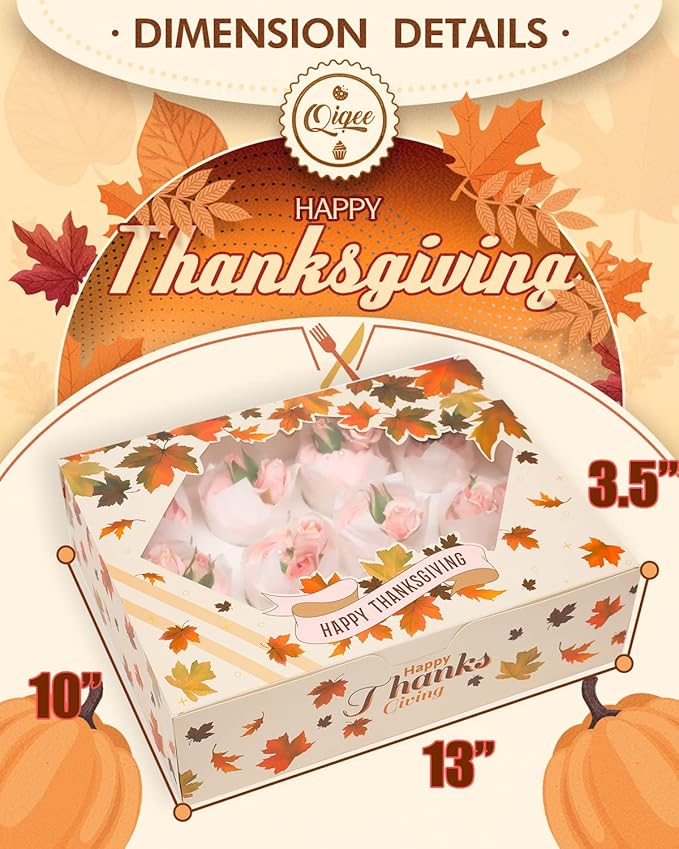 qiqee Thanksgiving 12 Cupcake Boxes with Window 16-Packs Cupcake Box 13"x10"x3.5" Cupcakes Carrier, 12 Cupcake Containers For Thanksgiving Day