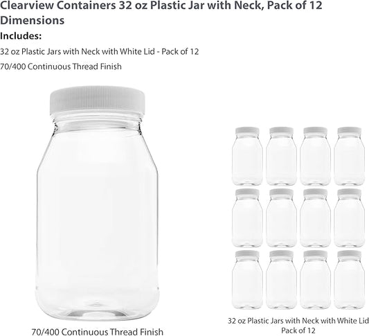 12 Pack of 32 Ounce Plastic Quart Jars with 70RG Leak Proof Seal Lid - Food Grade and BPA Free (32oz, 6pk)