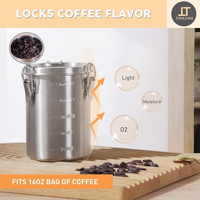 Stainless Steel Coffee Canister | 100% Airtight Metal Food Storage Container with Lid Sealed - Keep Coffee Beans, Sugar, Tea Fresh for Months (56 fl oz)