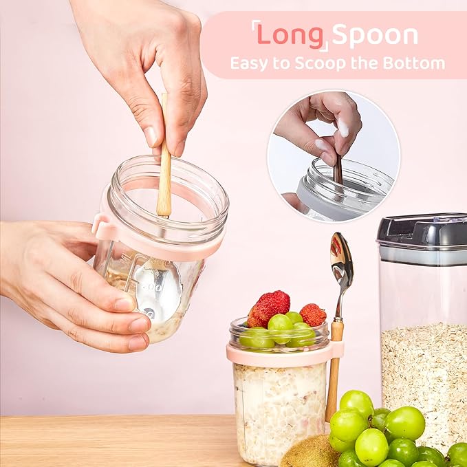 Glass Overnight Oats Containers with Lids and Spoon, 16oz Wide Mouth Mason Jars for Overnight Oats, Cereal, Yogurt, Salad Lunch Container with Measurement Marks - MultiColor 4 Pack
