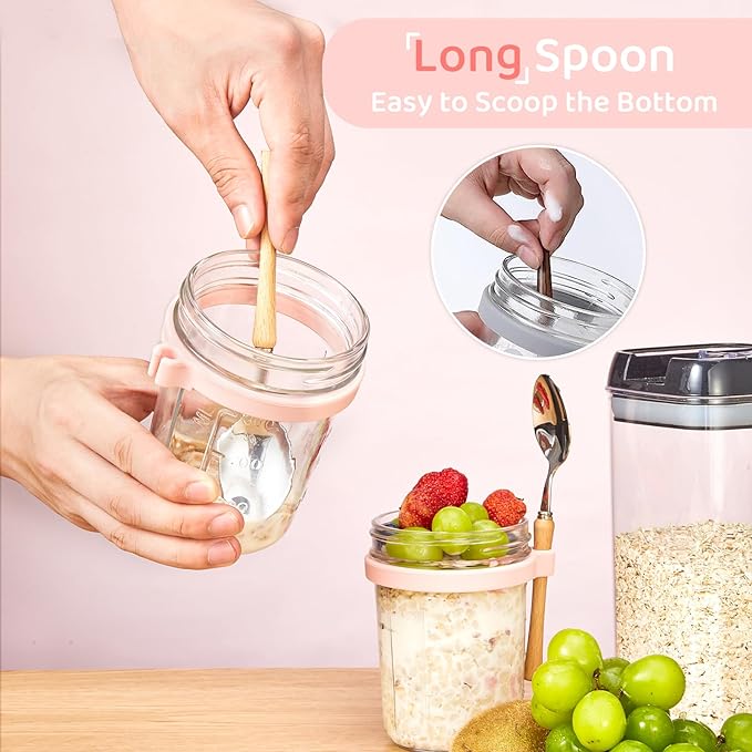 16oz - 2 Pack Overnight Oats Jars with Lids and Spoon, Overnight Oats Container with Lids, Airtigh Oatmeal Containers with Measurement Marks, Wide Mouth Mason Jars for Salad, Cereal - Pink & White