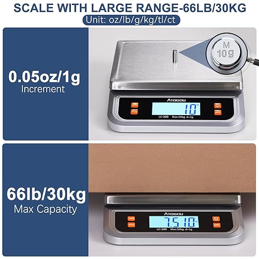 66lb Commercial Digital Kitchen Scale 30kg/1g, with 6 Units Conversion, Stainless Steel, LCD Display, AA Battery or Plug-in Use for Baking, Bread, Cooking, Meat LC200