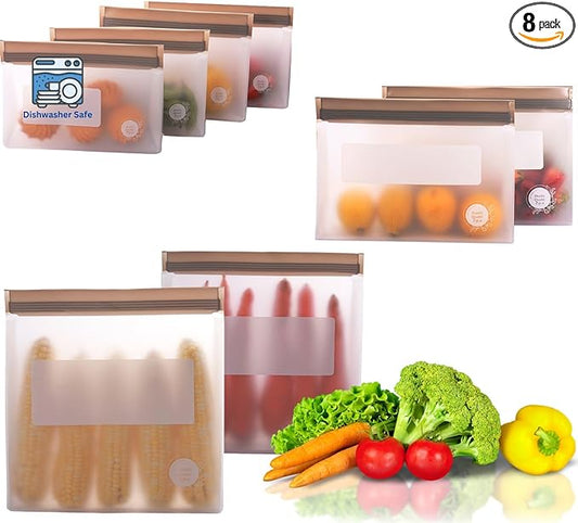 Reusable Silicone Food Storage Bags 8-Pack – BPA-Free Freezer & Dishwasher Safe, Leakproof Stand-Up Snack Bags 2 Gl + 2 L, 4 M– Eco-Friendly Airtight Ziplock Bags for Kitchen & Travel(Grey)