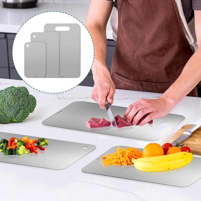 3 Packs Stainless Steel Cutting Board Small Cutting Boards for Kitchen, Metal Cutting Boards for Kitchen, Non Stick Chopping Cutting Board for Fruit Meat Vegetable(13.4x9, 11.8x7.9, 9.4x5.9 in)