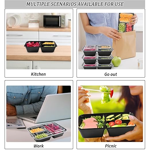 150 Pack Meal Prep Containers, 43 OZ Bento Box, 3 Compartment Divided Food Storage Containers Durable Stackable Reusable, For Microwave/Dishwasher/Freezer（150 Trays & 150 Lids）
