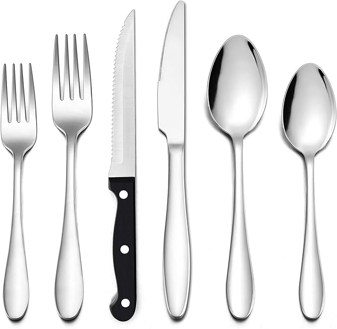 LIANYU 24-Piece Silverware Set with Steak Knives, Stainless Steel Flatware Cutlery Set for 4, Fork Spoon Knife Eating Utensils Tableware, Dishwasher Safe