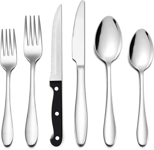 LIANYU 24-Piece Silverware Set with Steak Knives, Stainless Steel Flatware Cutlery Set for 4, Fork Spoon Knife Eating Utensils Tableware, Dishwasher Safe