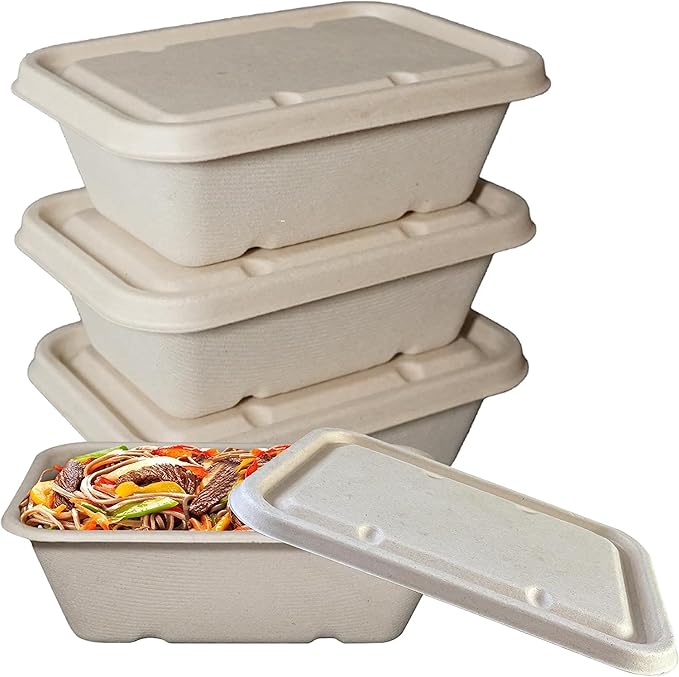 EcoQuality 24oz Disposable Bowls with Fiber Lids - Rectangular Compostable Sugarcane Fiber Biodegradable Paper Bowls Eco-Friendly Take Out Food Storage Containers, Microwave Safe, Meal Prep (400)