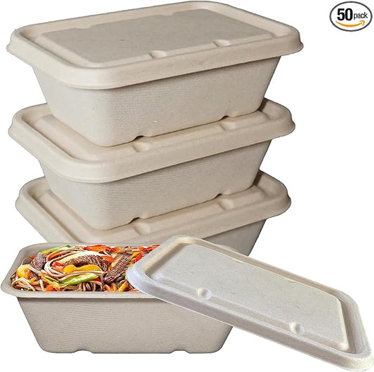 EcoQuality 24oz Disposable Bowls with Fiber Lids - Rectangular Compostable Sugarcane Fiber Biodegradable Paper Bowls Eco-Friendly Take Out Food Storage Containers, Microwave Safe, Meal Prep (50)