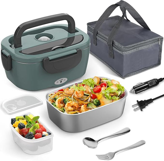Green Electric Lunch Box Food Heater, 60-80W Heated Lunch Box for Adults, 12V 24V 110V Portable Food Warmer LunchBox for Car Truck Work with Removable 304 Stainless Steel Container, Carry Bag