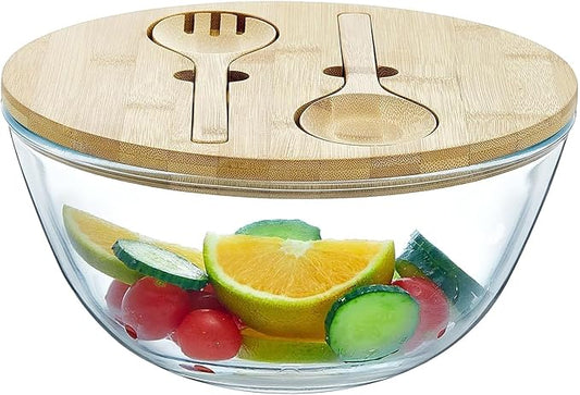 Glass Salad Bowl, 10.6" Salad Bowl with Bamboo Lid, Glass Mixing Bowls, Serving Bowls, Large Salad Bowls Set with Utensils, Trifle Bowl Fruit Bowl for Salad, Pasta, Fruit, Desserts