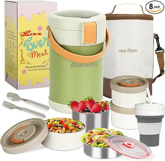 Thermo for Hot Food 3-Layer Termos Para Comida Caliente 67oz Leakproof Lunch Box for Men Women Adults - Insulated Soup Container w/Cutlery, Collapsible Cup & Thermal Bag, Office Camping Travel