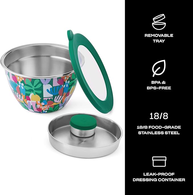 S'well Stainless Steel Salad Bowl Kit 64oz, Paper Cutouts, Comes with 2oz Mini Canister and Removable Tray for Organization, Leakproof, Easy to Clean, Dishwasher Safe