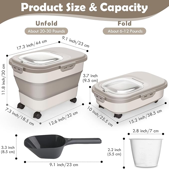 Rice Storage Container, 20Lbs Airtight Flour Container Rice Dispenser, Large Pet Dog Cat Food Storage Bin with Rolling Wheels, Scoop & Measuring Cup, Collapsible Kitchen Cereal Dry Food Holder