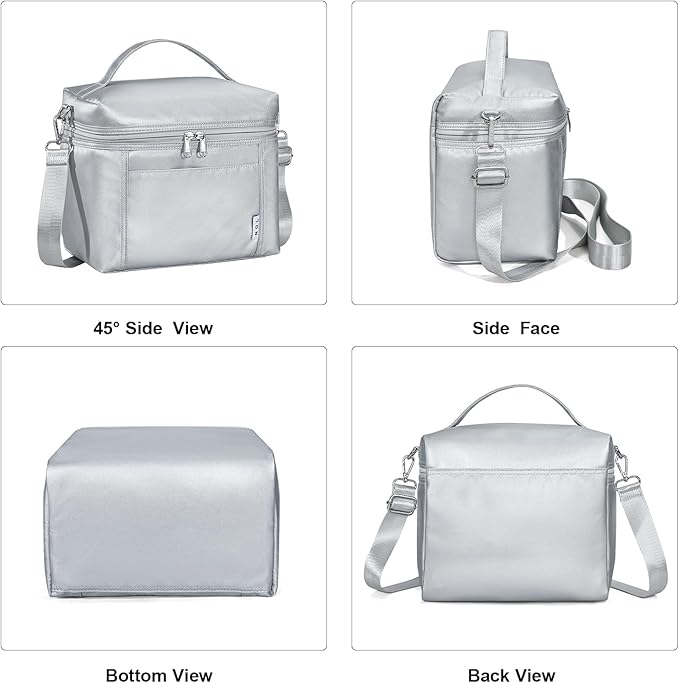 NOL Natural Organic Lifestyle Insulated Lunch Bags for Women Cooler Bag Lightweight Nylon Waterproof Lunch Box For Work (Silver, Medium(normal))