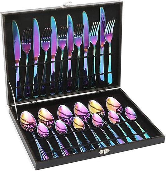 Lightahead 24pcs Rainbow colored Iridescent Stainless Steel Flatware Premier Quality Rainbow Colored Tableware Cutlery Set in attractive Black Gift Box (Multicolored)