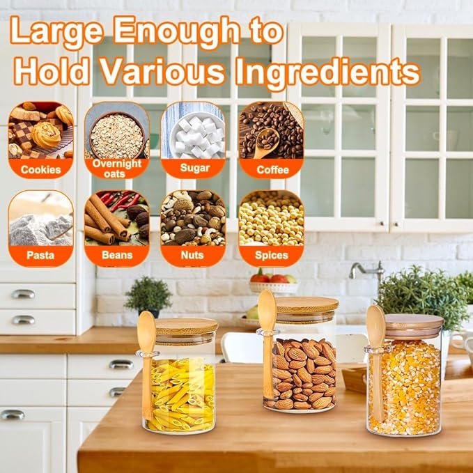 2 Pack Glass Jars with Bamboo Lids, 18.5Oz Glass Containers with Airtight Bamboo Lid and Spoons,100% Sealed Glass Spice Jars for Candy Coffee Beans Sugar Nuts Cookies, 540ml