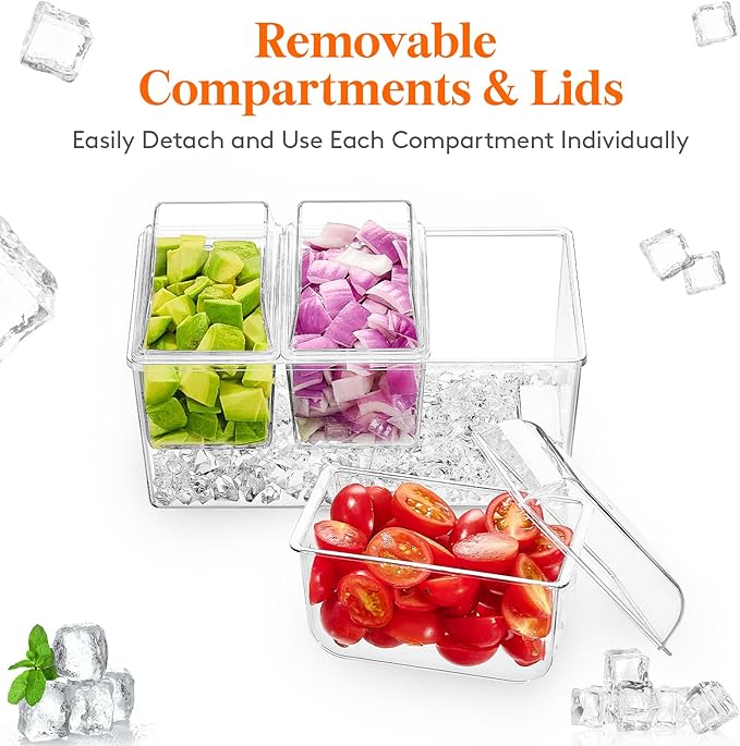 Lifewit 2 Pack Ice Chilled Condiment Caddy with 3 Containers(2.5 cup), Condiment Server with Separate Lids, Serving Tray Platter for Bar Accessories, Fruit, Salad, Taco, Party Garnish