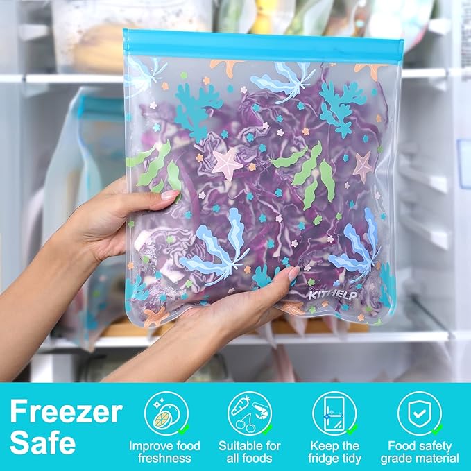 Reusable Freezer Gallon bags 12 PACK Extra Large Reusable Freezer Bags BPA Free Leakproof Plastic Bags Reusable Food Storage Bags Silicone Kids Snack Bags Reusable Ziplock Bags