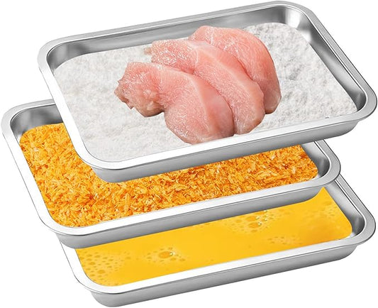 Breading Trays Set of 3 Stainless Steel Breading Pans for Dredging Chicken Breasts and Marinating Meat, Food Prep Trays (12.4" x 8.5" x 1.9")