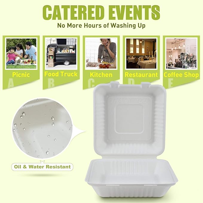 Green Earth 9-Inch, 100-Count, 1-Compartment, Compostable Clamshell, Natural Bagasse, Take-Out/to-Go Food Boxes - Biodegradable Containers