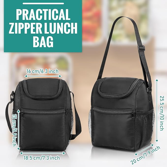 Nuogo 10 Pcs Insulated Lunch Bags Bulk, Reusable Lunch Boxes, Black Waterproof Thermal Cooler Bags with Zipper, Adjustable Strap for Men Women Work School Outdoor Camping Picnic Beach