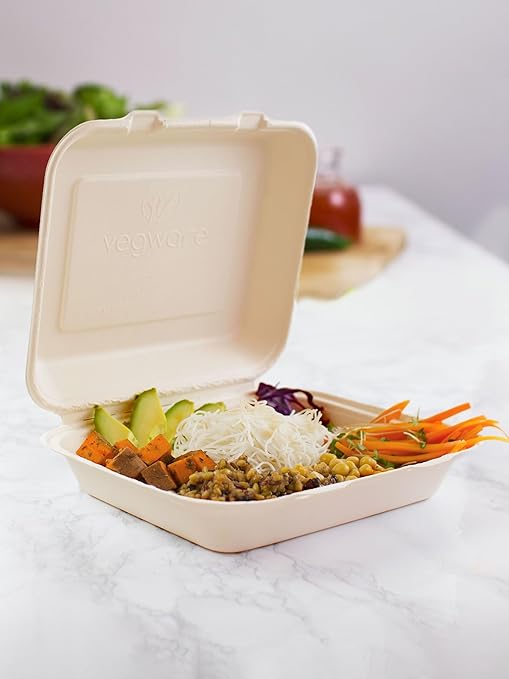 Vegware Compostable 8" Clamshell To Go Containers, Case of 200, Reclaimed Natural Fiber, For Cold or Hot Food, Large Take Out Food Box, Tree-Free, Doesn't Trap Condensation