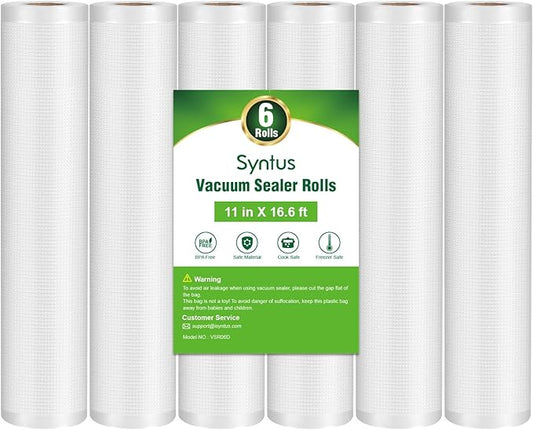 Syntus Vacuum Sealer Bags for Food, 6 Rolls 11" x 16' Commercial Grade Bag Rolls, BPA Free Food Vac Bags for Storage, Meal Prep or Sous Vide