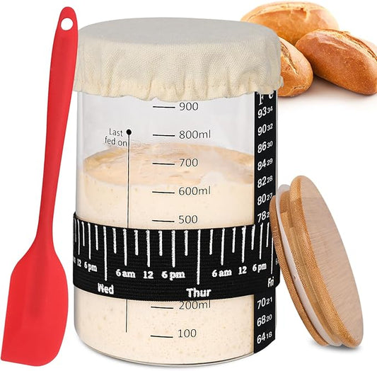 Pro Sourdough Starter Jar Kit- 35 Oz Large Sourdough Starter Glass Jar with Date Marked Feeding Band,Thermometer,Spatula,Cloth Cover& Lid for Sour Dough Bread Loaf