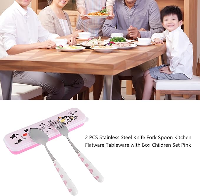 Children Flatware Set, Stainless Steel Fork Spoon with Storage Box Kids Utensils Spoon Fork Set Toddler Travel Utensils for Kids Toddlers (Pink)
