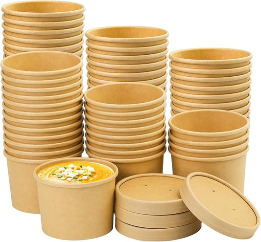 12 oz 75 Pack Paper Soup Containers with lids, Disposable Kraft Food Cups, Soup Cups Paper Ice Cream Cup, Dessert Cup, Yogurt Ice Cream Containers. Great For Restaurants, Take Outs, or To-Go Lunch