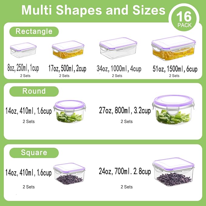 HOMBERKING 32 Pieces Food Storage Containers Set with Snap Lids (16 Lids + 16 Containers), Meal Prep Airtight Plastic Containers, BPA-Free Lunch Containers for Kitchen, Pantry, Home, Purple