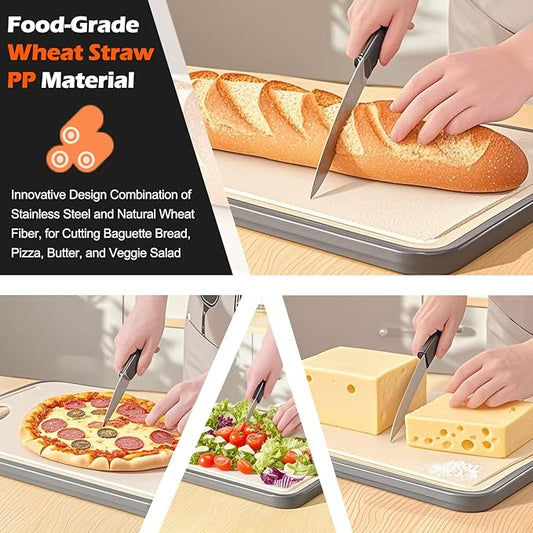 JAYVAR Cutting Board Double Sided, Large Cutting Boards for Kitchen with Stainless Steel and Wheat Straw PP, Large Size 16”×11”Chopping Board for Separately Handle Meat and Vegetables, Dishwasher Safe