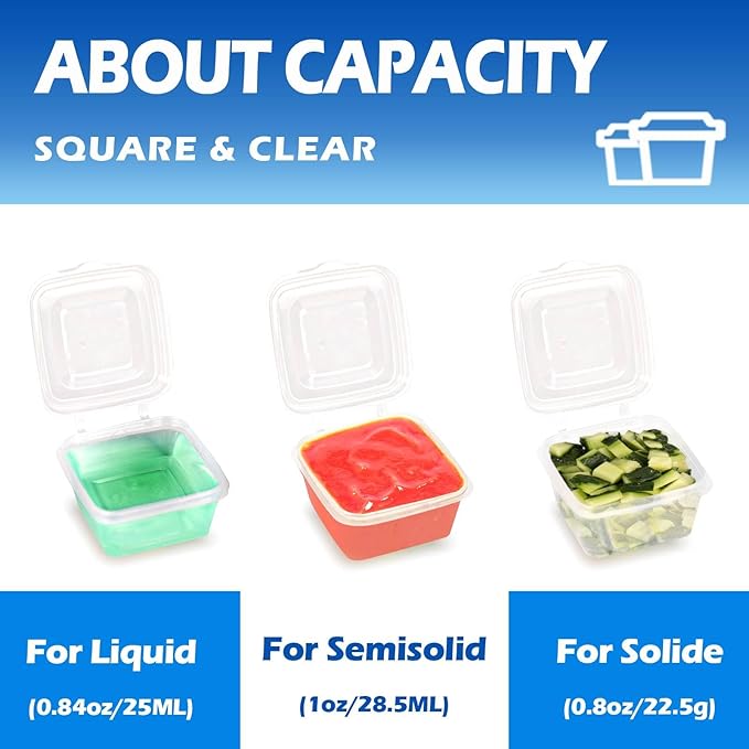 1 oz Square Plastic Containers with Lids(200 Pack), 1oz Clear Condiment Cups with Lids, Small Portion Sauce Cups for Salad Dressing, Lunch