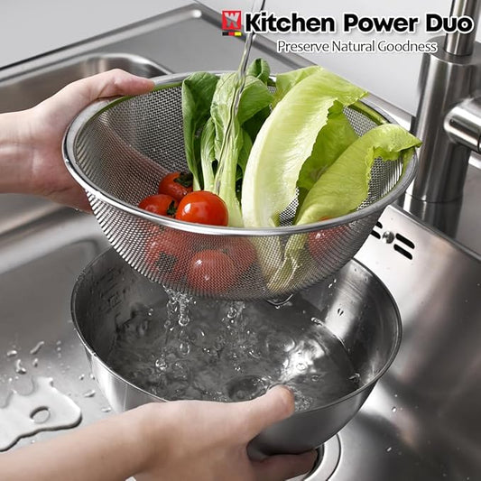 Stainless Steel Mixing Bowl and 3-Legged Colander Set, Multipurpose Kitchen Basket with Fine Mesh Colander, Salad Mixing Bowl with Strainer, Rinsing Vegetables & Fruits (24cm / 9.45")